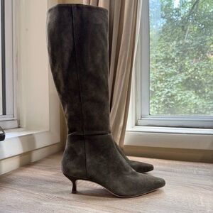 New Reformation Remy Knee High Boot Kitten Heel Tall Suede Leather Green 9